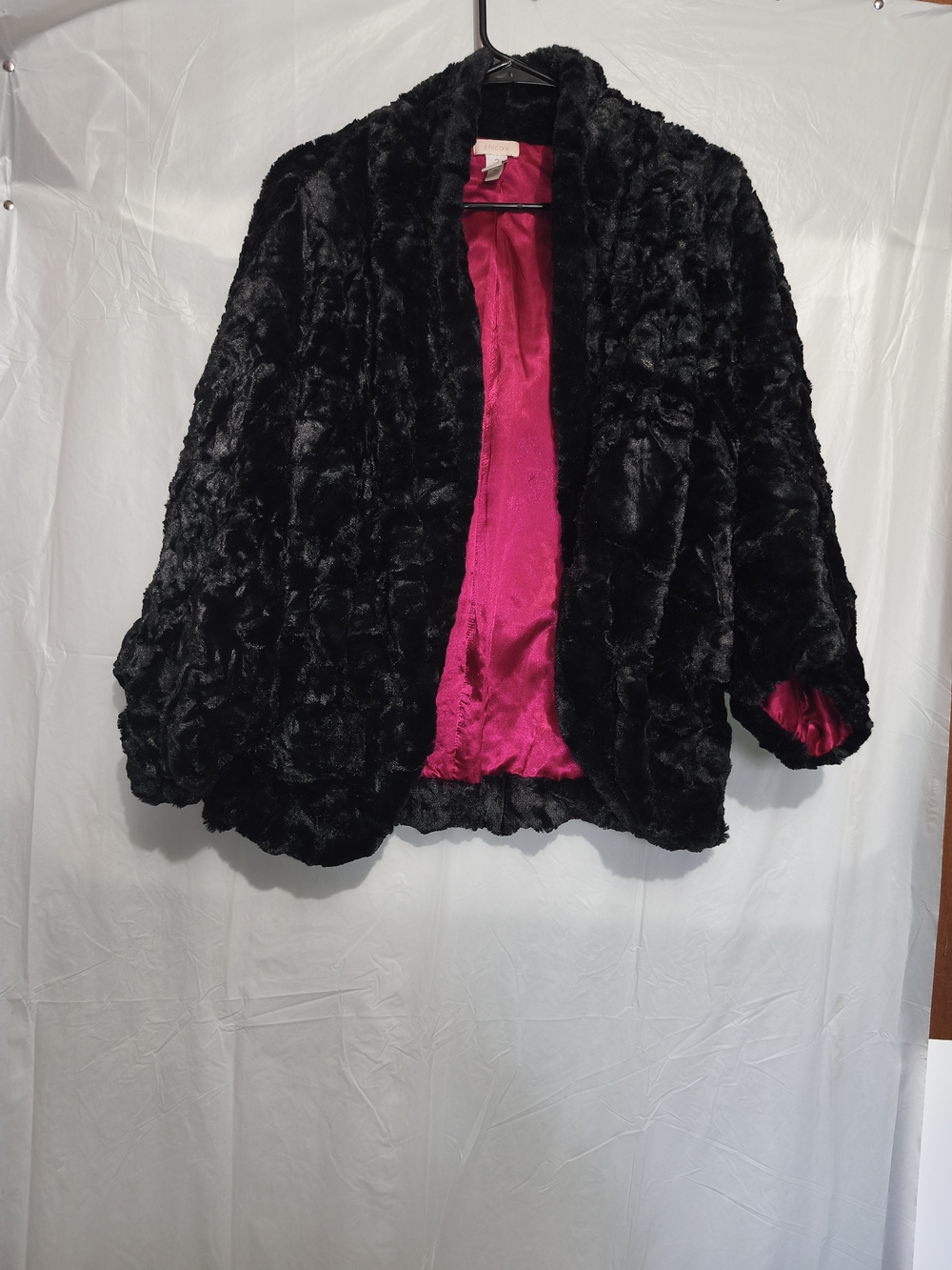 Chico's Black Faux Fur Teddy Jacket with Hot Pink Lining